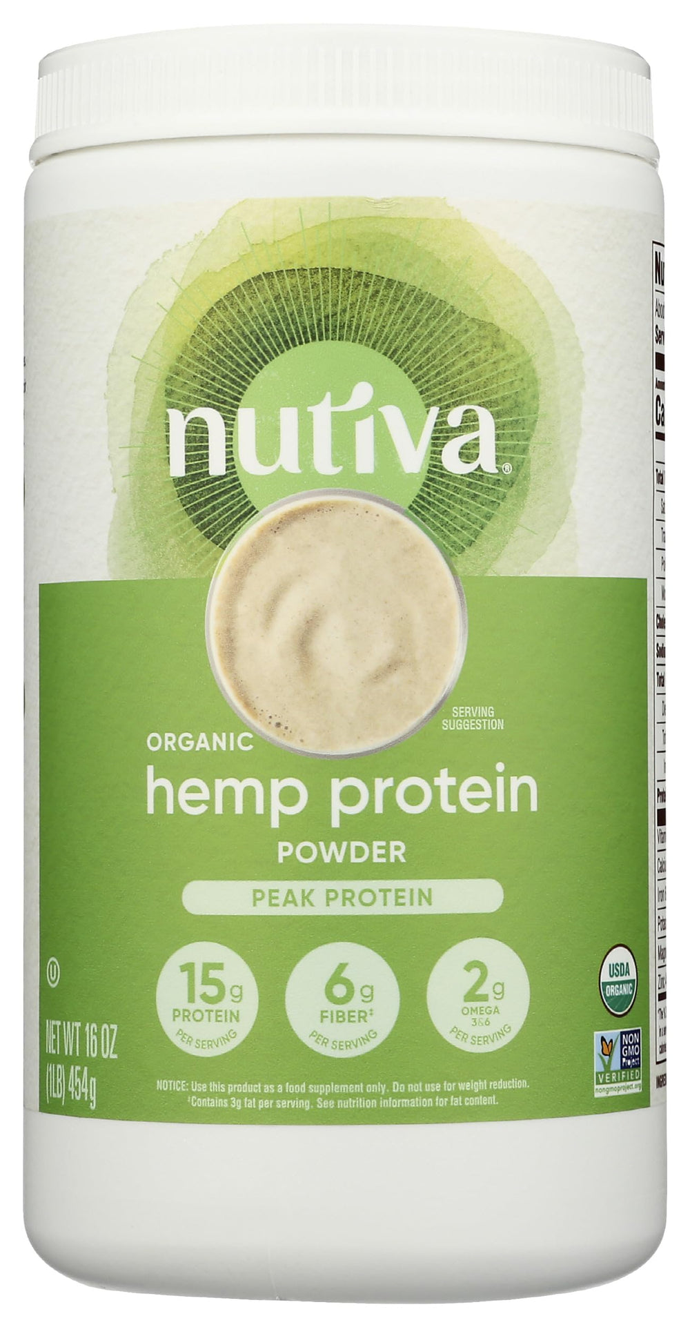 Nutiva hemp seed protein bottle showcases organic, non-GMO protein for vegan shakes.
