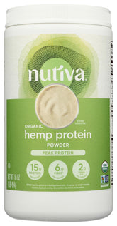 Nutiva hemp seed protein bottle showcases organic, non-GMO protein for vegan shakes.