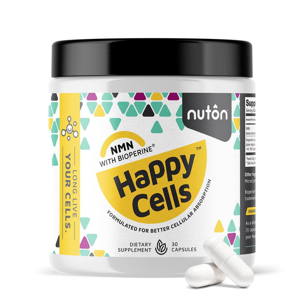 Nuton Happy Cells bottle closeup highlighting NMN capsules for healthy aging support.
