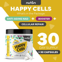 Nuton Happy Cells packaging shows vegan, non-GMO formula.