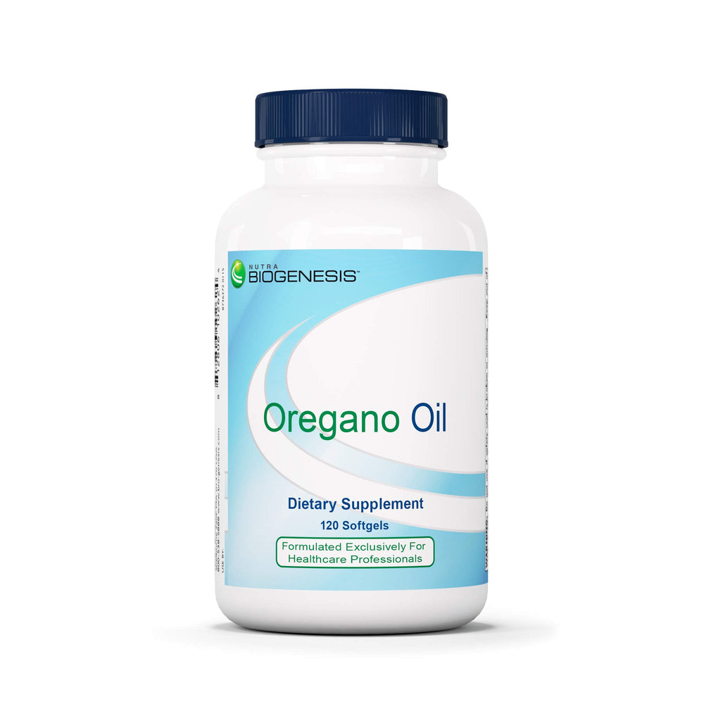 Nutra BioGenesis oregano oil softgel bottle for daily wellness support.