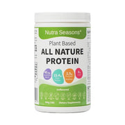 Nutra Seasons All Nature Protein Powder jar shows vegan pea protein for steady energy.