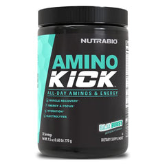 NutraBio Amino Kick Baja Burst bottle highlights energy and hydration support.