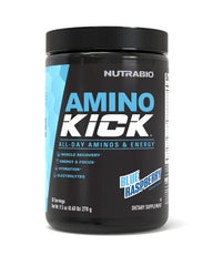 NutraBio Amino Kick blue raspberry powder for refreshing pre-workout energy