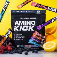 NutraBio Amino Kick dissolved in glass showing hydration and focus.