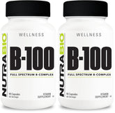 NutraBio B-100 bottle front view highlighting comprehensive B-vitamins for daily vitality.