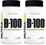 NutraBio B-100 bottle front view highlighting comprehensive B-vitamins for daily vitality.