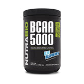 NutraBio BCaa 5000 blue raspberry bottle shown for lean muscle support during workouts