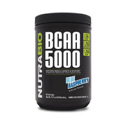 NutraBio BCaa 5000 blue raspberry bottle shown for lean muscle support during workouts