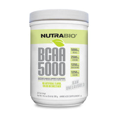 NutraBio BCAA 5000 unflavored powder bottle close-up for recovery.