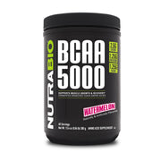 NutraBio BCAA5000 Watermelon tub label with full disclosure and plant-based ingredients.