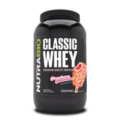 NutraBio Classic Whey Strawberry Shortcake tub front supports post-workout recovery.