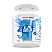 NutraBio Clear Whey Blue Raspberry bottle shows a refreshing post-workout option