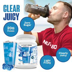 NutraBio Clear Whey Blue Raspberry shaker cup ready for a quick mix
