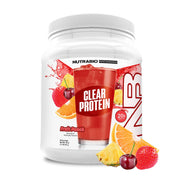 NutraBio Clear Whey Fruit Punch tub showing 0 sugar and lactose-free formula for post-workout refreshment.