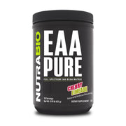 NutraBio EAA Pure cherry limeade tub emphasizes a complete amino blend for post-workout recovery.