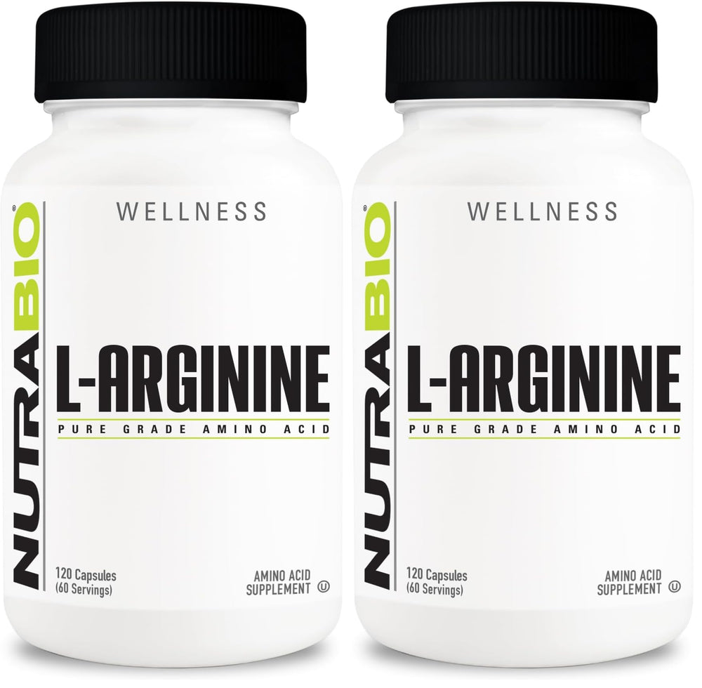 NutraBio L-Arginine bottle showing nitric oxide support for vascular health