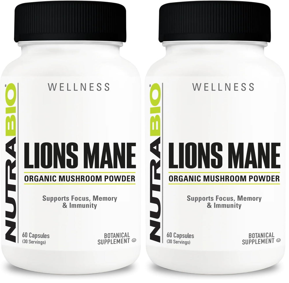 NutraBio Lions Mane capsules bottle on shelf signaling focus and mental clarity support