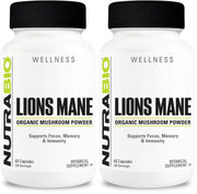 NutraBio Lions Mane capsules bottle on shelf signaling focus and mental clarity support