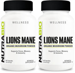 NutraBio Lions Mane capsules bottle on shelf signaling focus and mental clarity support