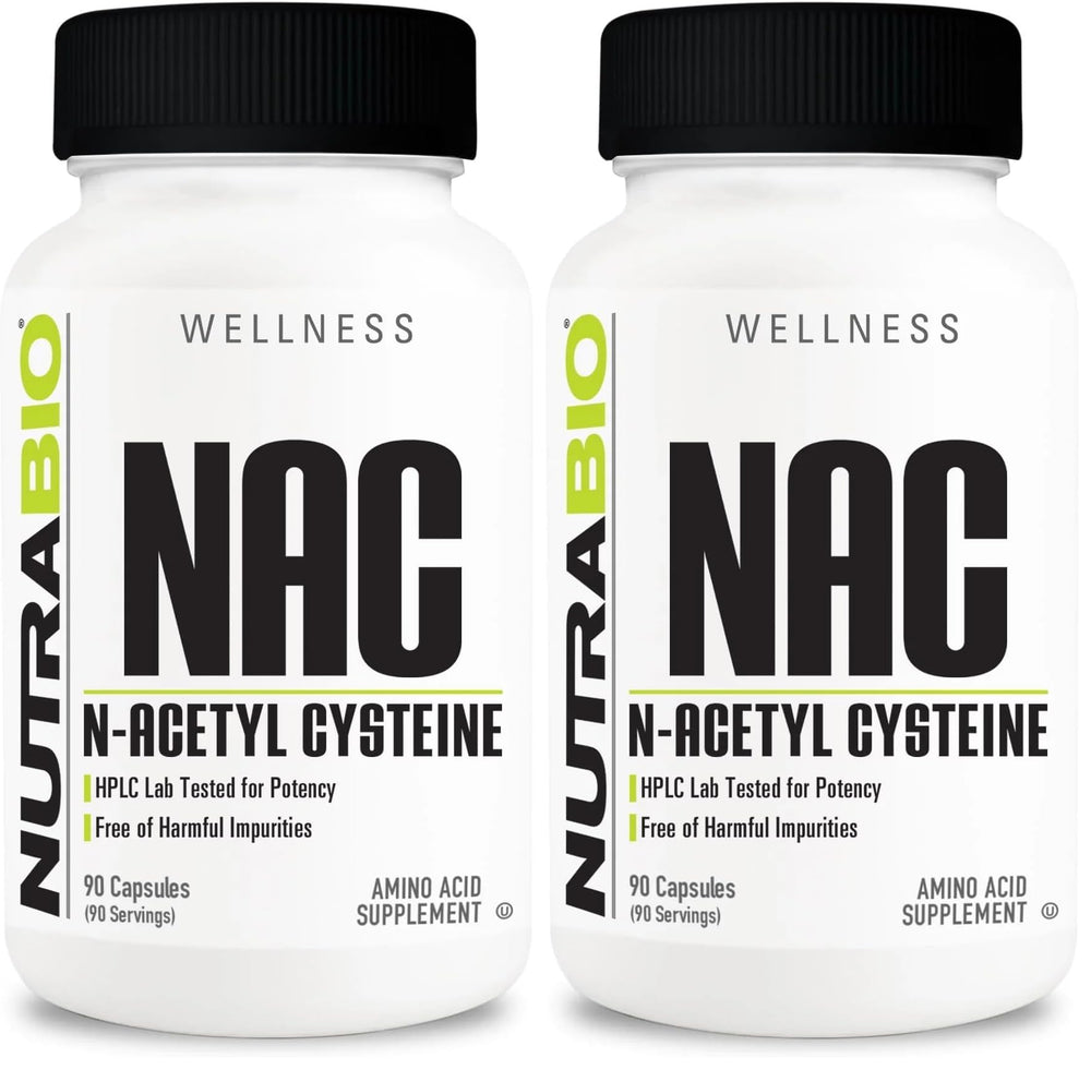 NutraBio NAC bottle label close-up showing dosage and quality.