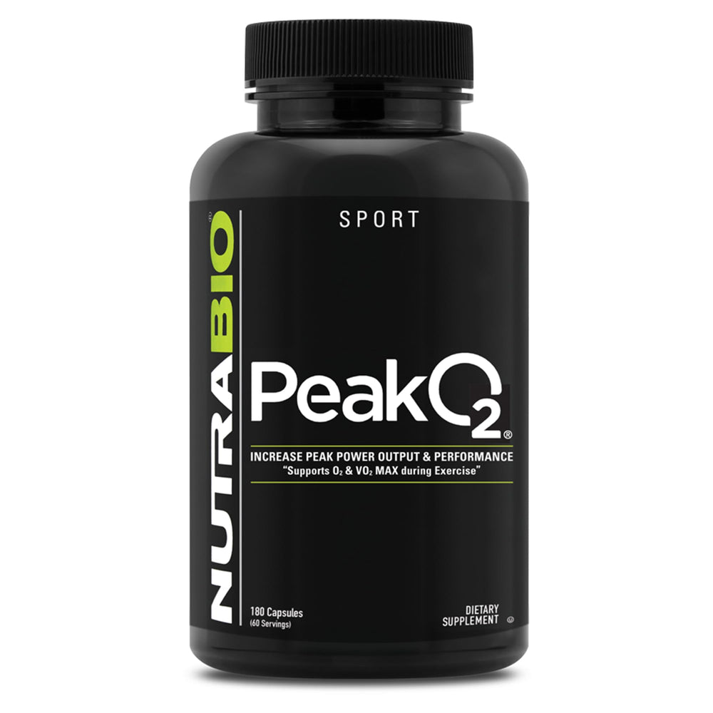 NutraBio PeakO2 bottle label highlights the mushroom blend for athletic support
