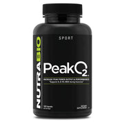 NutraBio PeakO2 bottle label highlights the mushroom blend for athletic support