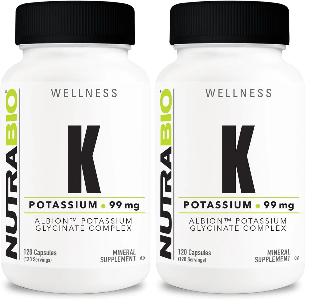 NutraBio Potassium Complex bottle label; 99 mg per capsule for daily balance.