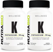 NutraBio Potassium Complex bottle label; 99 mg per capsule for daily balance.