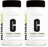 NutraBio Vitamin C with Rose HIPS bottle showing high potency capsules for daily support.