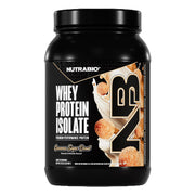NutraBio Whey Isolate Cinnamon Sugar Donut powder close-up for high-protein fueling.