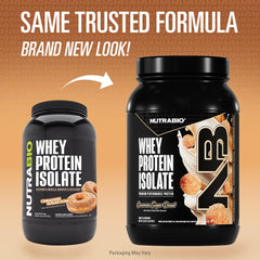 NutraBio Whey Isolate Cinnamon Sugar Donut scoop highlights serving size for protein intake.