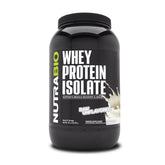 NutraBio Whey Isolate powder tin close-up highlighting high-protein post-workout support.