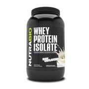 NutraBio Whey Isolate powder tin close-up highlighting high-protein post-workout support.