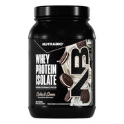 NutraBio Whey Isolate Cookies and Cream tub front shows premium protein for workouts