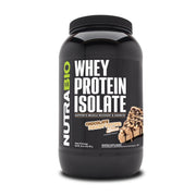 NutraBio Whey Protein Isolate tub side shows premium protein blend for daily nutrition.