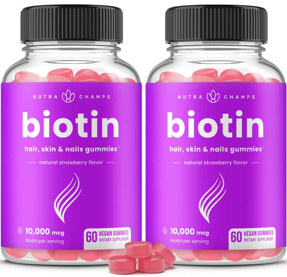 NutraChamps Biotin Gummies bottle for convenient daily hair, skin, and nails support.