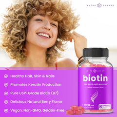 NutraChamps Biotin Gummies pack highlights easy on-the-go daily supplementation.
