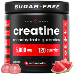 NutraChamps Creatine Gummies bottle close-up highlighting watermelon flavor for active adults.