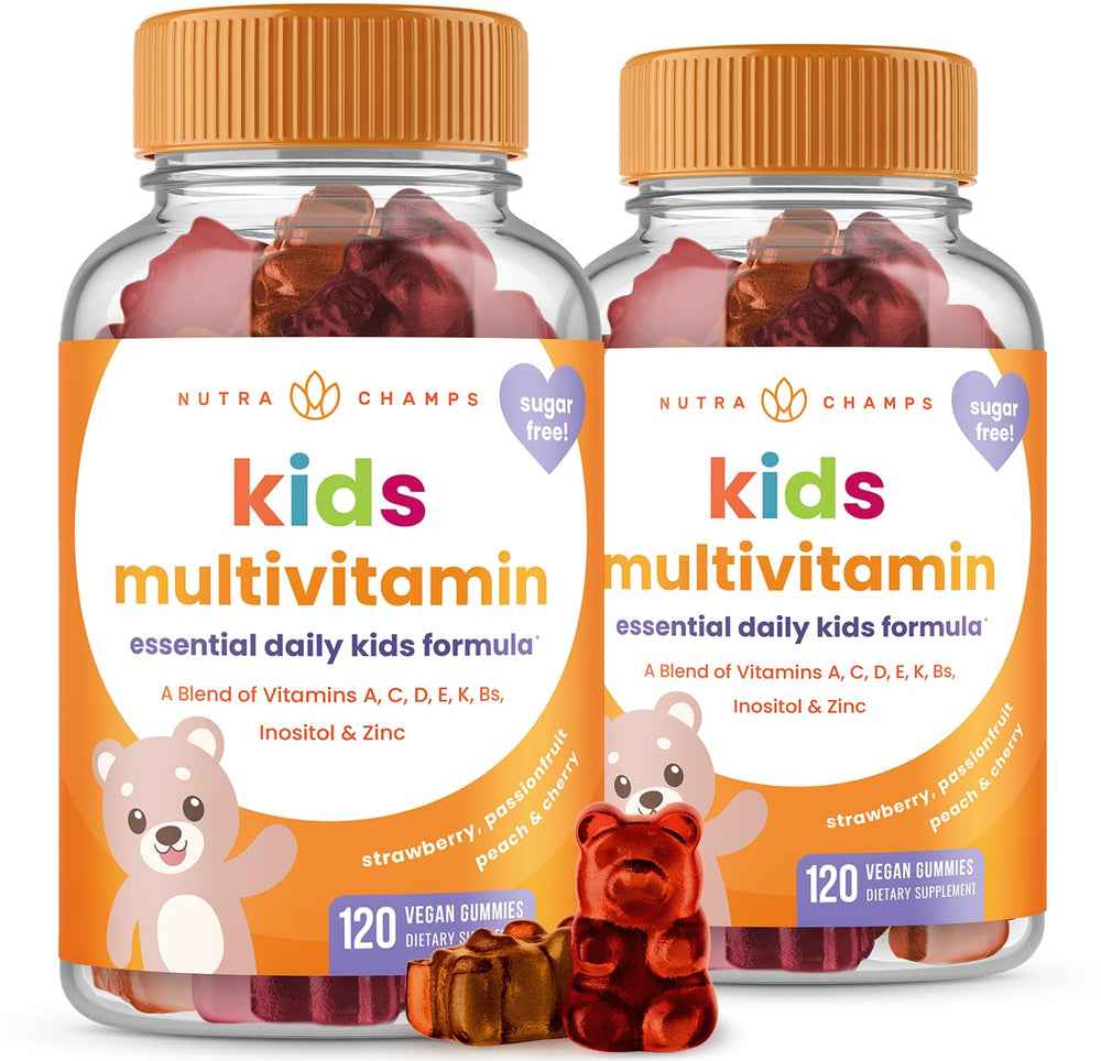NutraChamps Kids Vitamins bottle with 120 gummies for growth support.