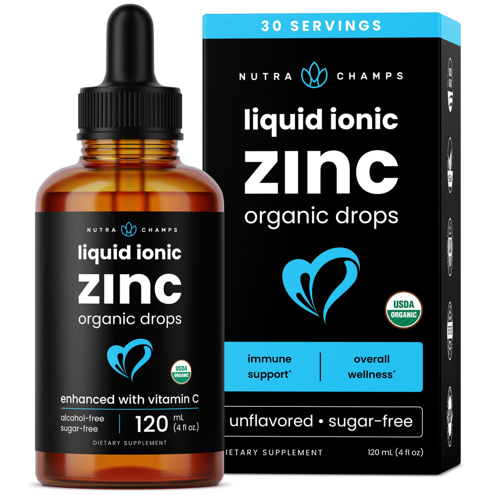 NutraChamps liquid zinc bottle for kids showing a family-friendly daily immune support option