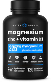 NutraChamps magnesium-zinc-d3 bottle highlights bioavailable minerals for daily bone, muscle, and immune support.