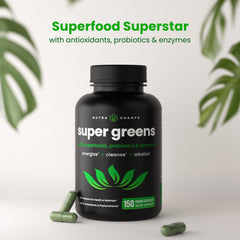 NutraChamps Organic Super Greens capsules close-up with probiotic blend for digestion