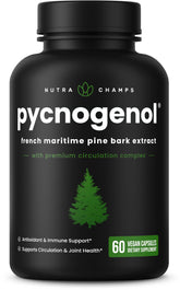 NutraChamps Pycnogenol bottle closeup highlighting the premium circulation complex.