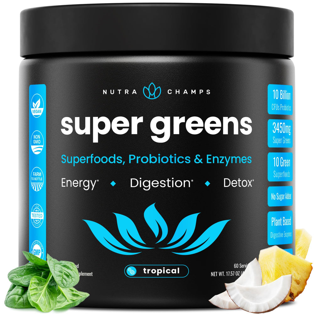 NutraChamps Super Greens tub tropical on kitchen counter for quick daily greens boost.