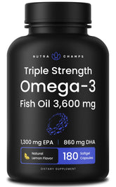 NutraChamps triple-strength omega-3 bottle with lemon flavor for burp-free digestion.
