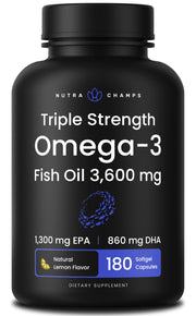 NutraChamps triple-strength omega-3 bottle with lemon flavor for burp-free digestion.