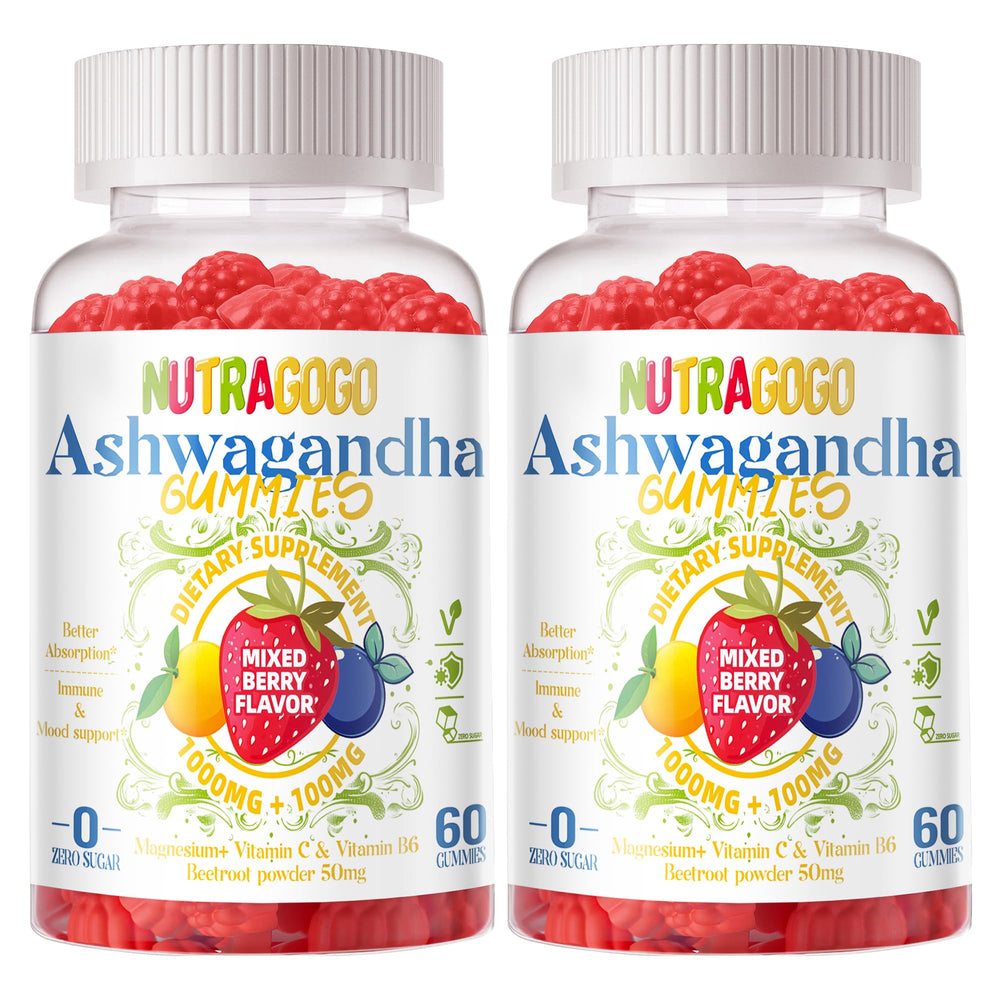 NUTRAGOGO Ashwagandha Gummies Berry bottle shown for daily wellness on the go.