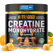 NUTRAGOGO Creatine Gummies bottle front with vegan, sugar-free formula for workouts.