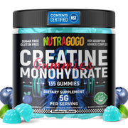 NUTRAGOGO creatine gummy bottle front shows vegan, sugar-free formula for athletes.